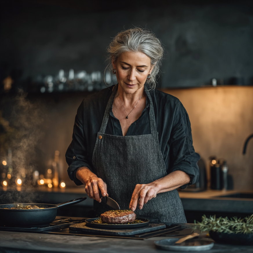 Signora senior sorridente in cucina con verdure fresche